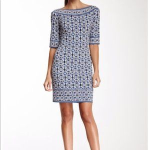 MAX STUDIO Navy/White Mixed Print Sheath D…